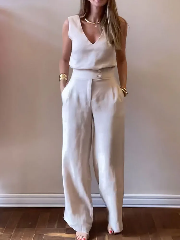 Deioao Office Lady V Neck Top Long Pants Set Women Summer Chic Elegant Pants Outfit 2024 Casual Pockets Trousers Two Piece Suit