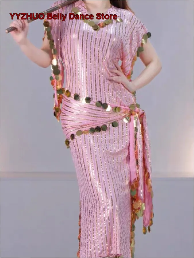 Women's Egyptian Saidi Style Handmade Sequin Gold Stamped Stripe Short Robe with Rattan Staff for Baladi Folklore