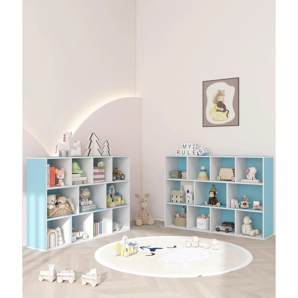 거실, 교실, 놀이방 공간에 적합한 블루 색상의 컴팩트한 11칸 어린이 책장 정리함