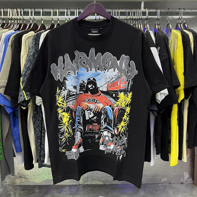 26SS HARMONY High Street Trendy Rhinestone Graphic T-Shirt Black Hip Hop Streetwear Oversized Top Men