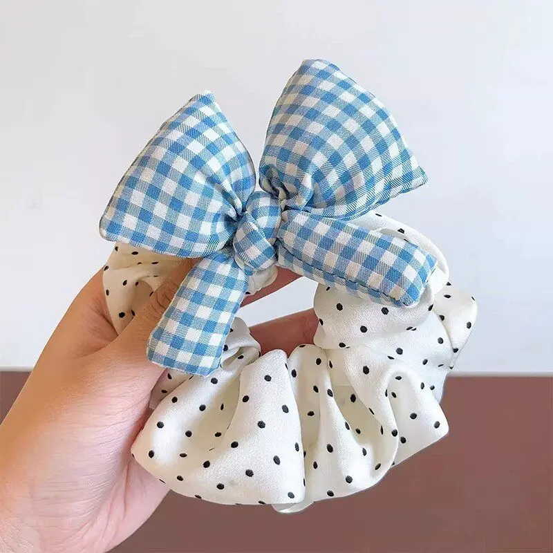 Niedliches kariertes Haarband mit Schleife und Punkten für Mädchen und Kinder, süßes Haarschmuckstück, Scrunchie, Haargummi, Haarring, Haar-Accessoires – Detail 6