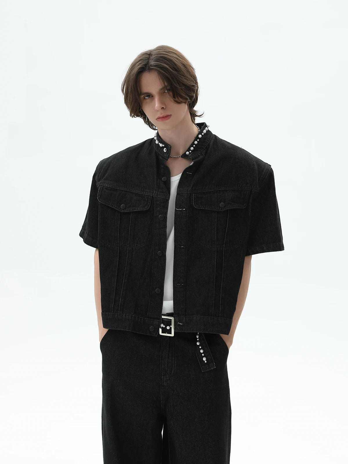 2025 Men's Summer New Pearl Collar Padded Shoulder Short Sleeve Denim Jackets High-end Solid Color Loose Straight-leg Jeans Sets
