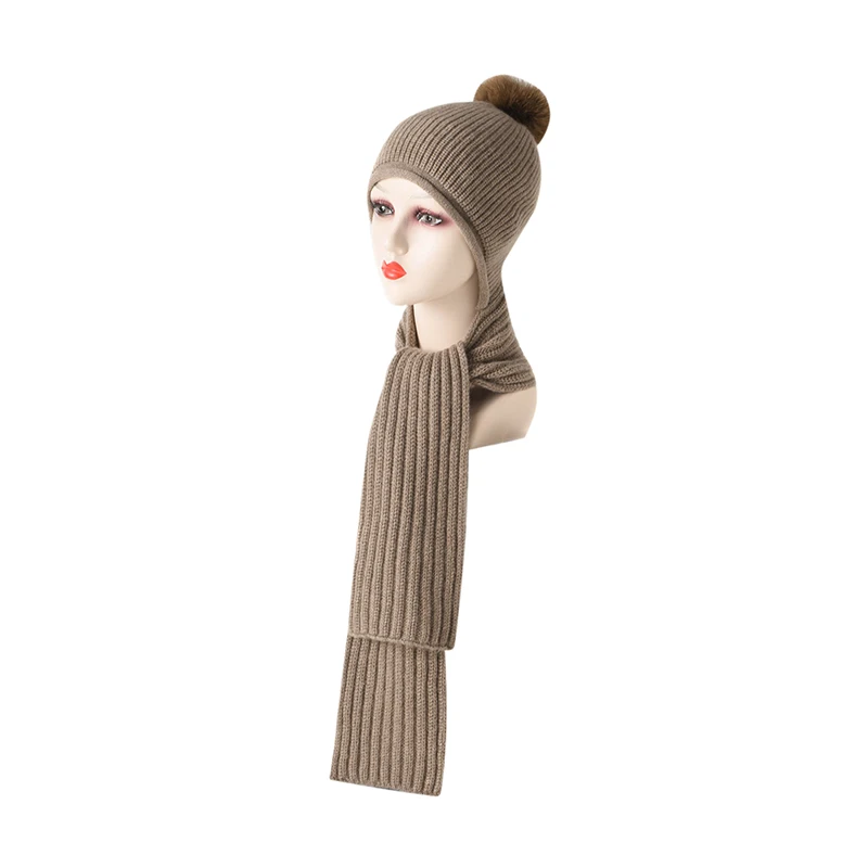 Women's Winter Pure Cashmere Scarf Hat One-Piece Knitted Warm Furry Ball Hat Outdoor Windproof Neck Warmer Overhead Hat