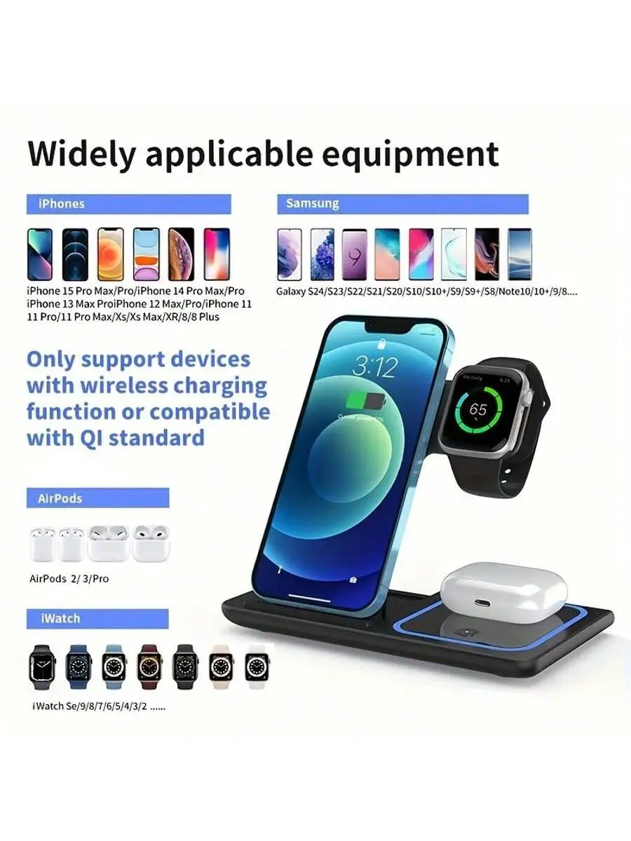 

Wireless Charger 3 in 1 Compatible with iPhone 15 14 13 12 Pro Max 11 15W Fast Charging Dock Station Compatible with Apple Watch