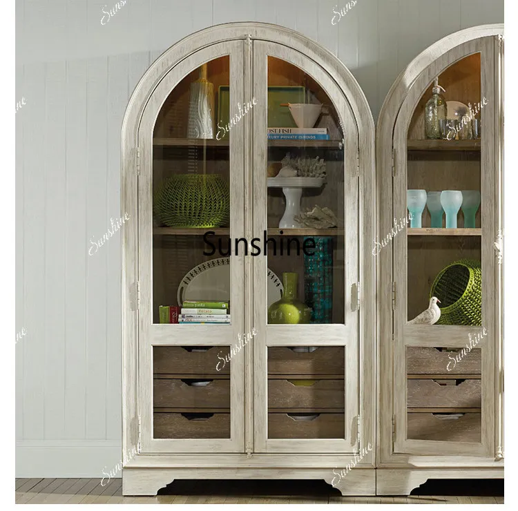 American-style country-style solid wood bookcase, arched vintage vintage display cabinet