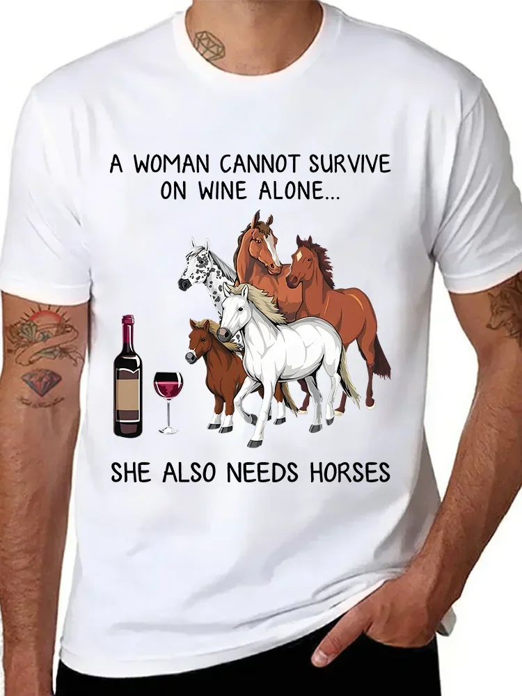 Camiseta clásica divertida de caballos y vino para hombre y mujer, ropa de calle de manga corta a la moda, camisetas holgadas de gran tamaño