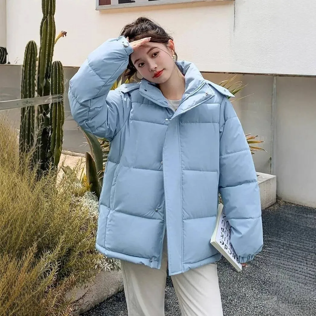 Women's Short Hooded Down Cotton Jacket Thick Winter Coat Long Sleeve Bread Style Clothes Korean Loose Fit Small Size