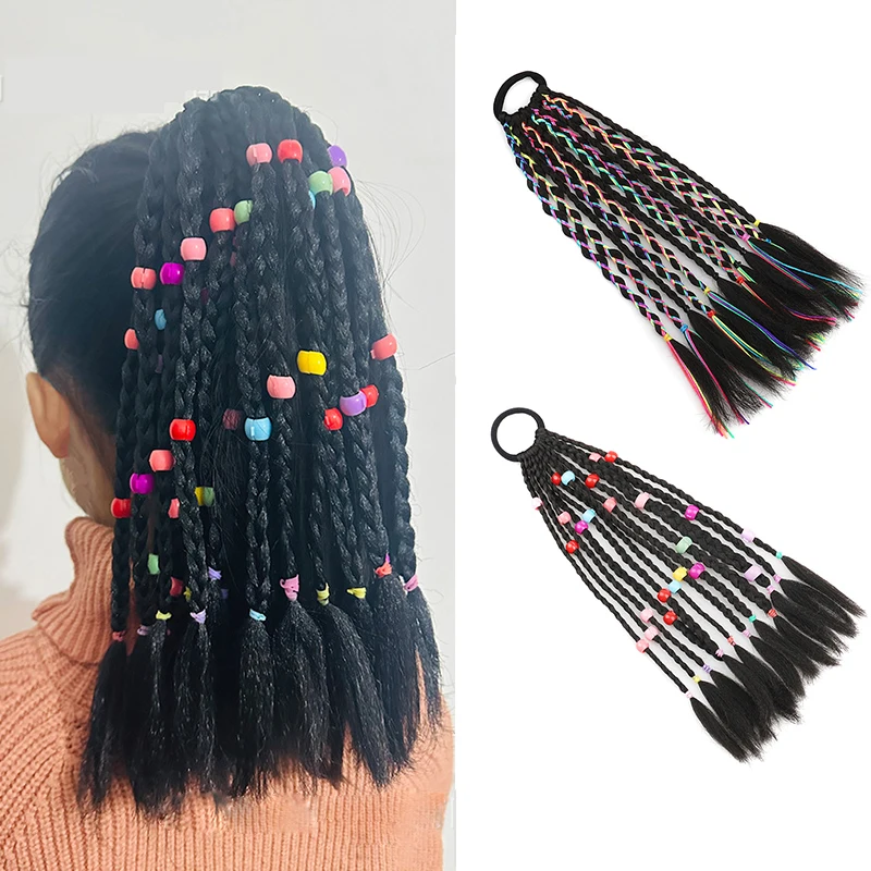 

Girls Ponytail Extension With Beads Braids Hair Extensions with Rubber Bands Black Braided Synthetic Hairpieces for Kids Gifts