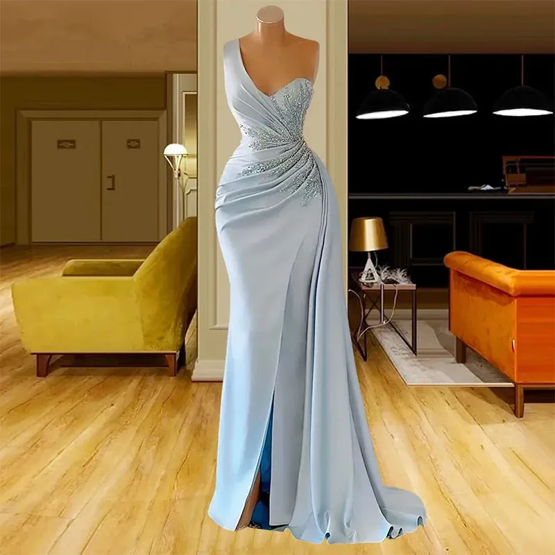 One Shoulder Beaded Evening Dresses Light Sky Blue Satin Ruched Formal Occasion Party Gowns Sexy Front Split Prom Dress