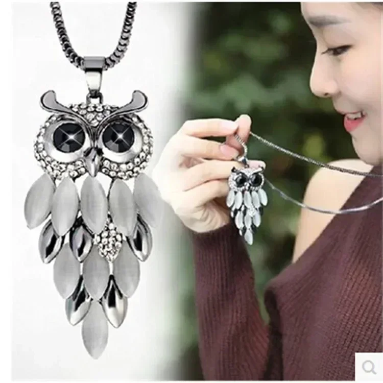 2024 New Fashion Black Color Owl Pendant Necklace for Women Choker Girls Pendants Long Chain Sweater Necklaces Bijoux Jewelry