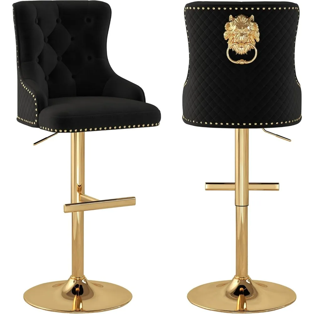 

Velvet Bar Stool Set of 2, Golden Lion Pull Ring Swivel Chair, Nailhead Upholstered Height Adjustable Barstools, Bar Stools