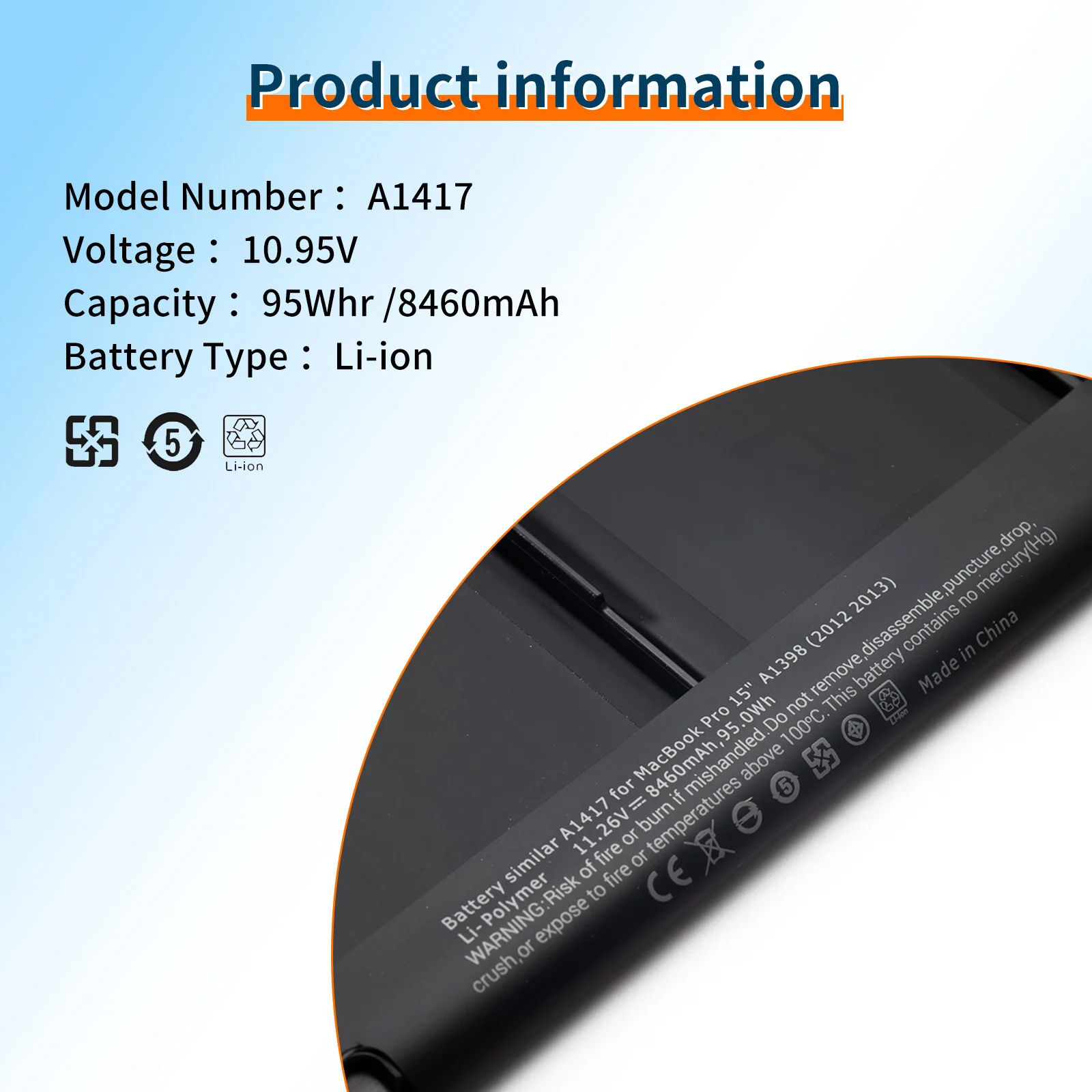 BVBH  A1417 Laptop Battery for Apple A1398 (2012 Early-2013 Version) for MacBook Retina Pro 15" fits ME665LL/A ME664LL/A