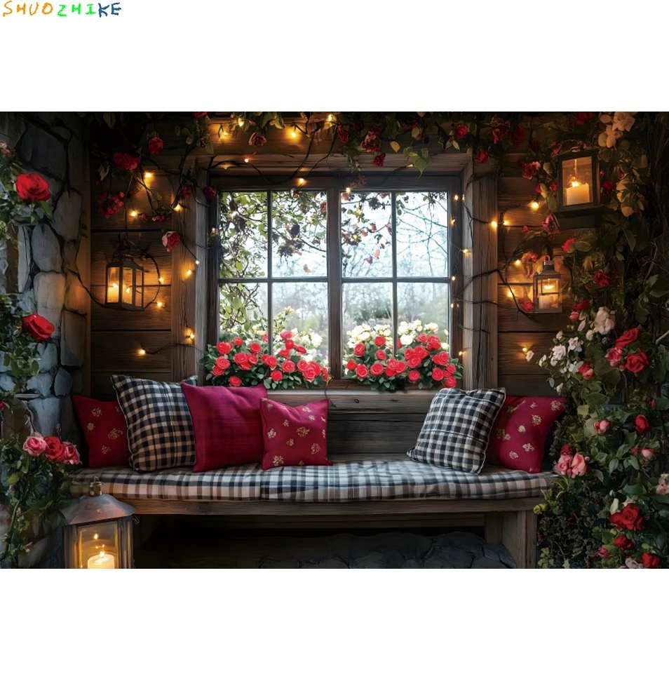 خلفية تصوير لعيد الحب، منزل خشبي، زهور الورد، زفاف 14 فبراير، ديكور حفلات، خلفية استوديو الصور