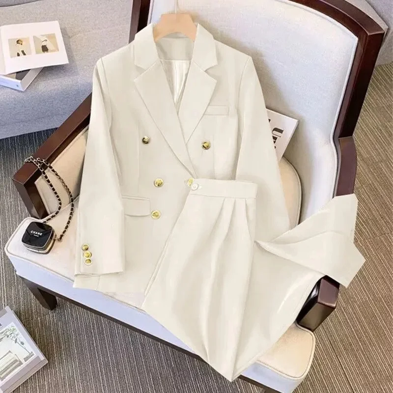 2025 Office Double Breasted Suits Sets Women Korean New Long Sleeve Blazer Jackets Conjunto Ol High Waist Straight Pants Outfit