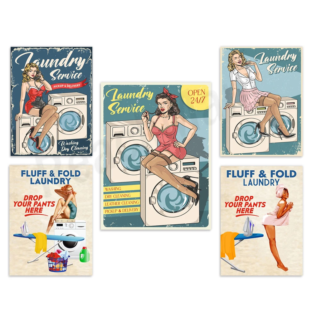 Laundry service girl poster, fun laundry room print, retro washing machine, bathroom toilet decoration
