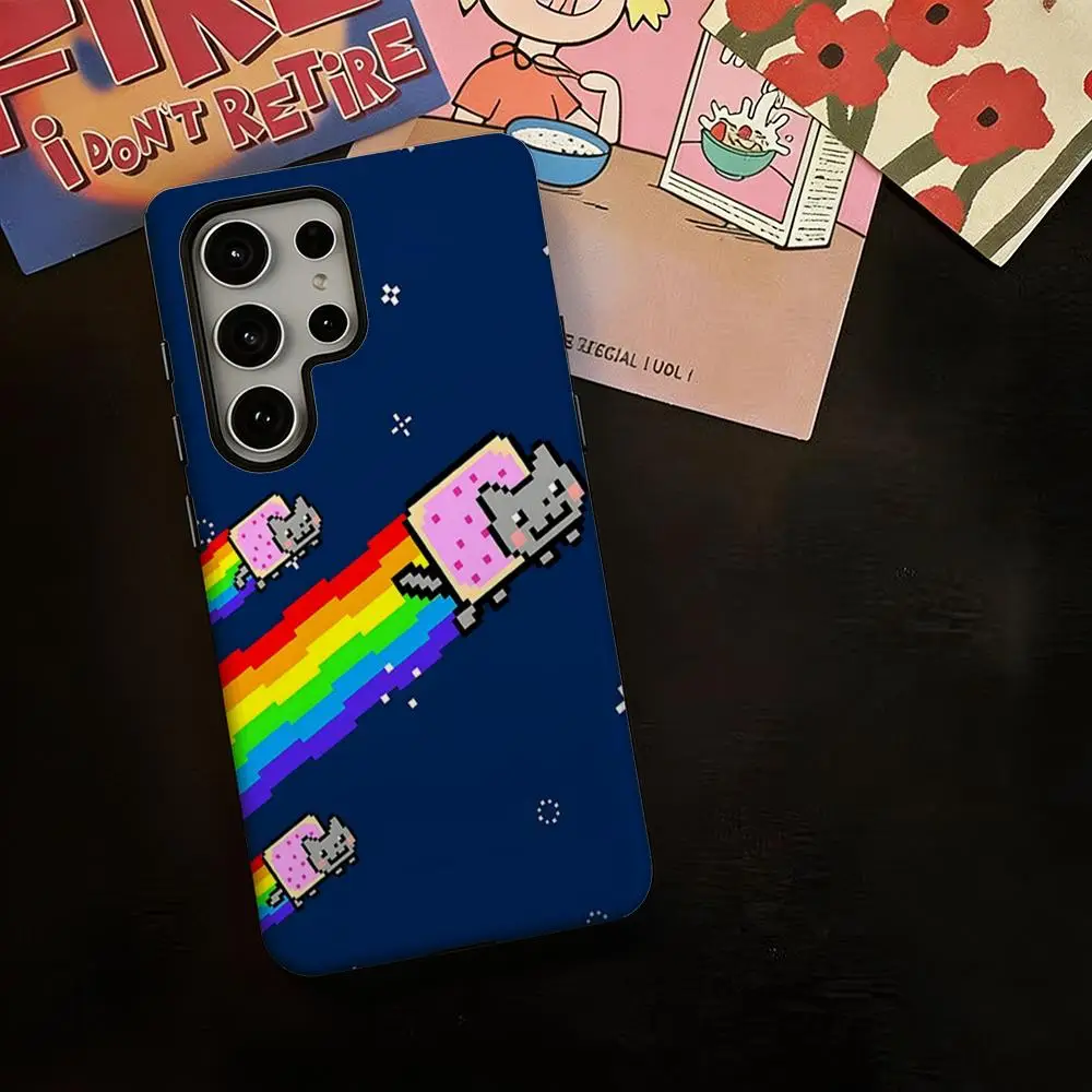 Hot cute fashion  N-Nyan Cat Phone Case For Samsung Galaxy S25 S24 S23 S22 S21 Plus Ultra 2-in-1 Glossy shell