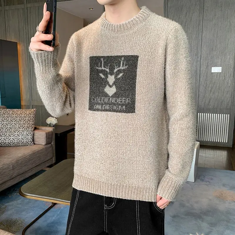 Men's Autumn Winter Solid Pullover Crew Neck Flocking Cartoon Letter Embroidery Long Sleeve Sweater Knitted Casual Vintage Tops