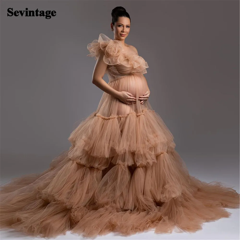 Sevintage Brown Maternity Prom Dresses Flowers Empire Pregnant Dress One Shoulder Plus Size Evening Party Gown Abendkleider 2023