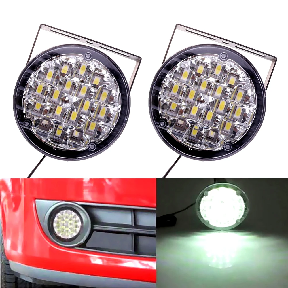 2Pcs Car Round LED Daytime Running Light 18LED Car Front Fog Lamp Driving Bulbs White 12V Auto DRL for Tractor Offroad Truck SUV