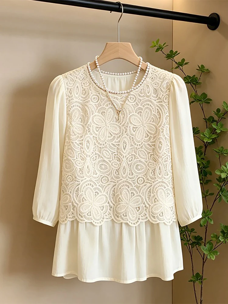 

plus Size Summer New Fashion Women's Shirt Embroidered Beaded Seven Sleeve Lace Top Korean Style Commute Pear Body Type