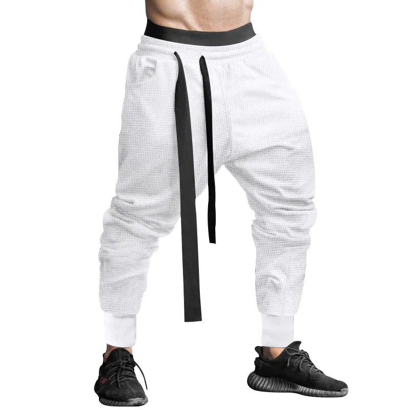 Men's Spring Summer Waffle Knit Jogger Pants Drop Crotch Streetwear Casual Trousers