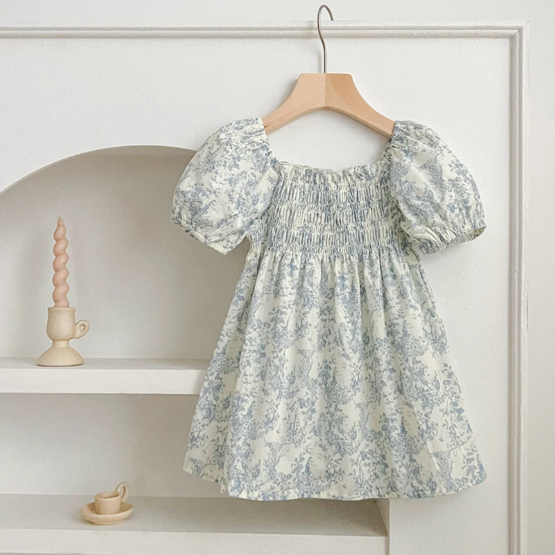 New Summer Clothes Baby Girls Princess Dresses Puff Sleeve Blue Flower Toddlers Vacation Kids Cotton Cute Dress Korean Style