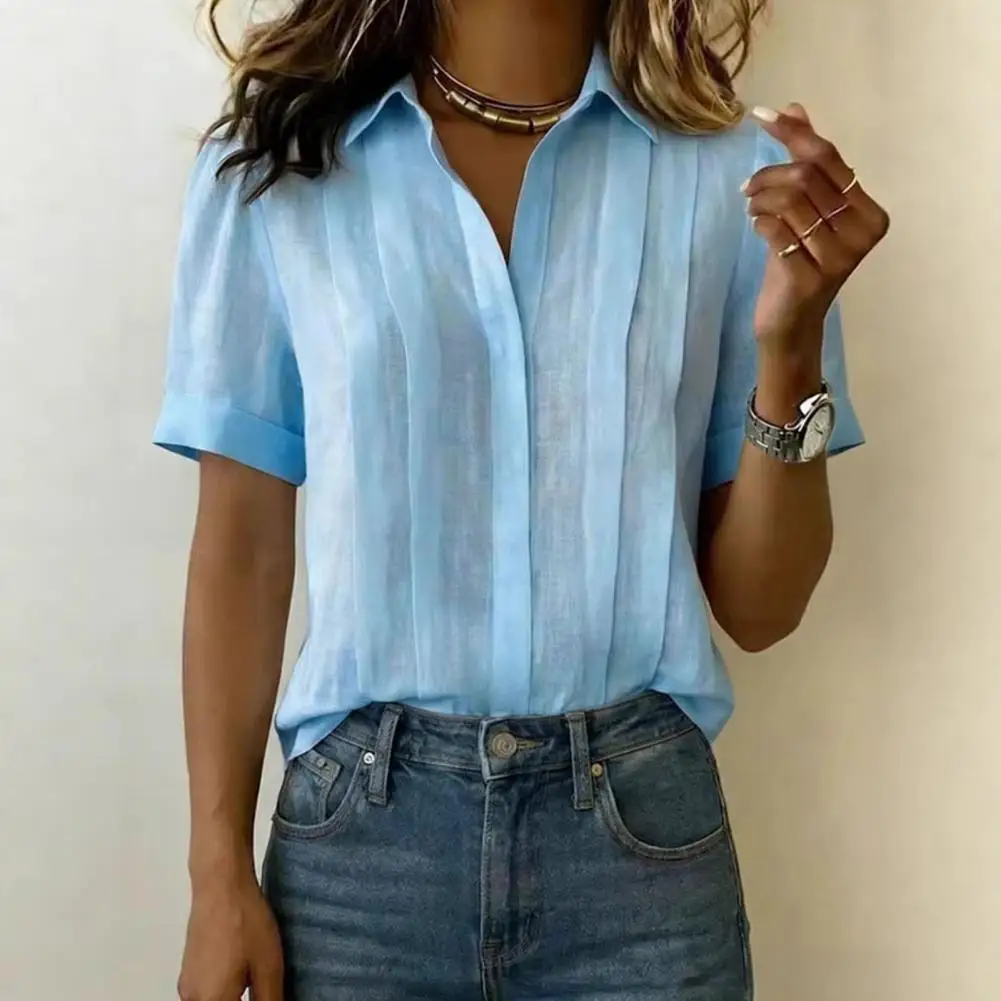 

Women Tops Lapel Short Sleeve Buttons Placket Shirt Tops Pure Color Loose Fit Casual Style Shirt Home Dates Versatile Wear