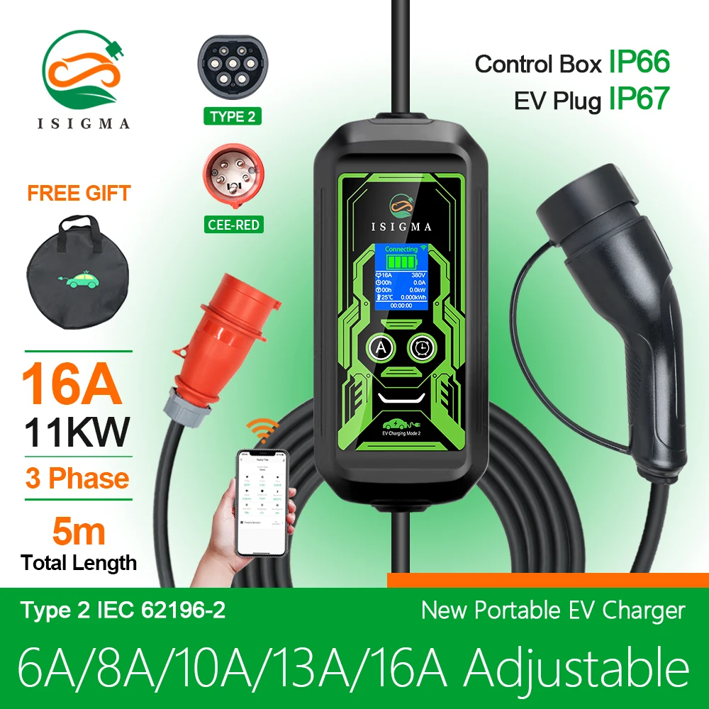 

Isigma APP WIFI Bluetooth Type2 IEC62196-2 EV Charger 3.6kw 16A 3P 11kw 32A single phase 7.2kw Touch Button LCD Screen 220V~450V