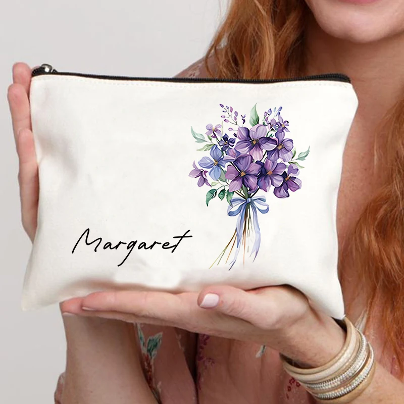Customized Name Flower Bouquet Personalized Makeup Bag Birthday Gift Single Girl Bridesmaid Wedding Gift Lipstick Storage Bag