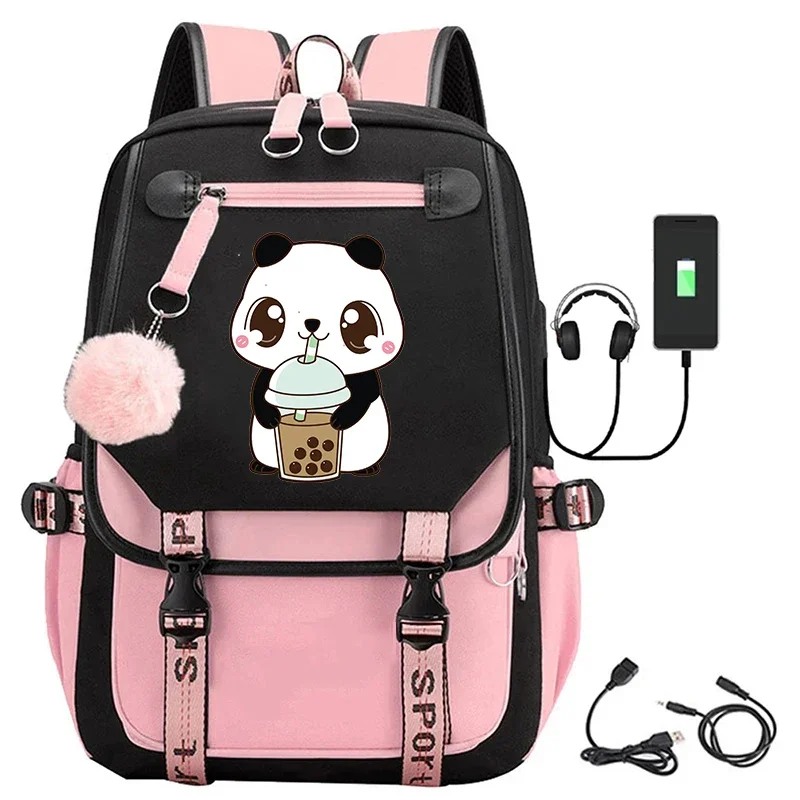 Fox Panda Drink Milk Tea Print USB Charging Backpacks Girls Cute Boba Tea School Bags Student Fashion Bookbag Teenage Laptop Bag