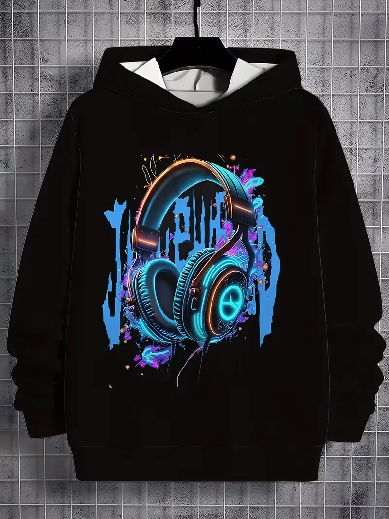 kids hoodie, neon headset graphic with colorful splash paint print, grey long sleeve hooded top, casual loose wear for boysgirls