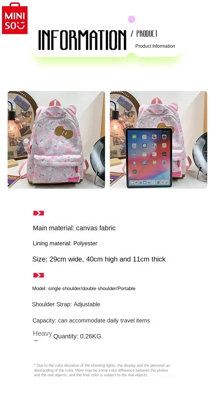 MINISO-Mochila infantil Sanrio de grande capacidade, arco de orelhas, Hello Kitty, estudante leve