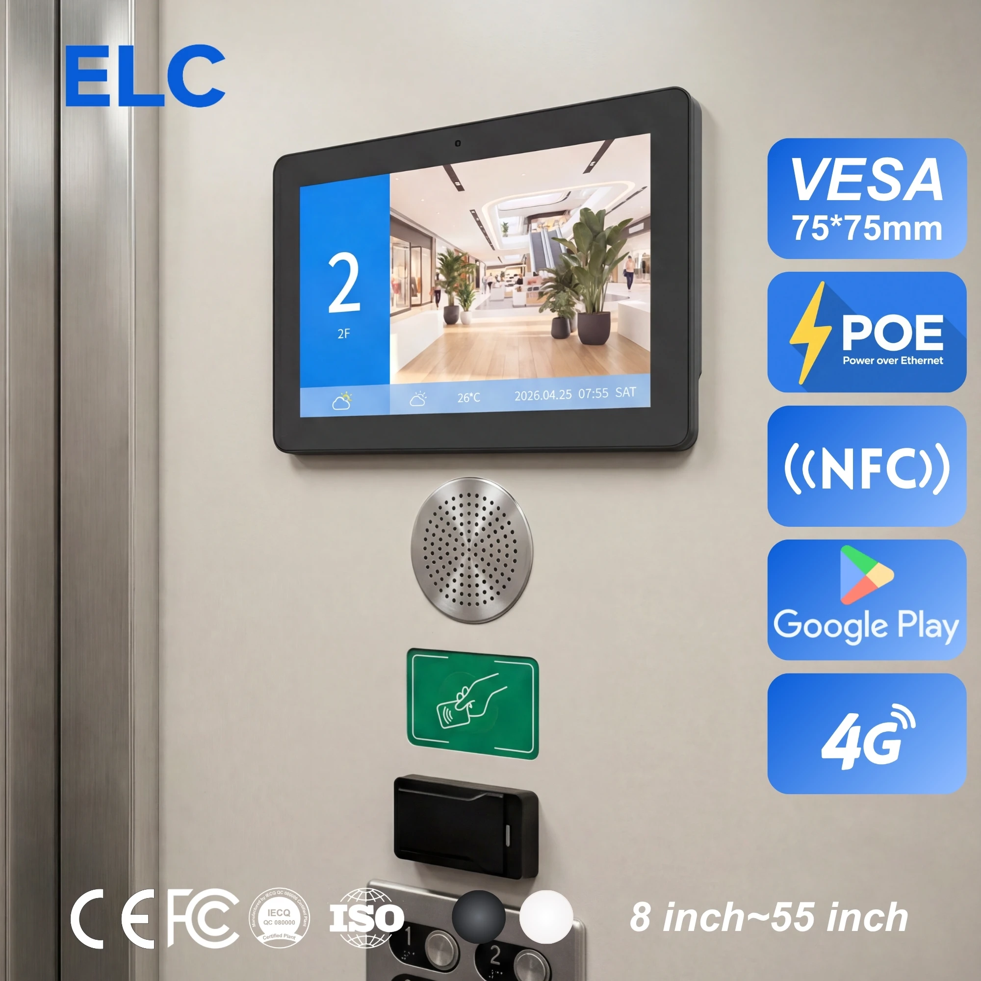 10.1 Inch POE Android Elevator Advertising Display for Coupon Scanning Wall Mount Touch Screen Digital Signage Above Buttons