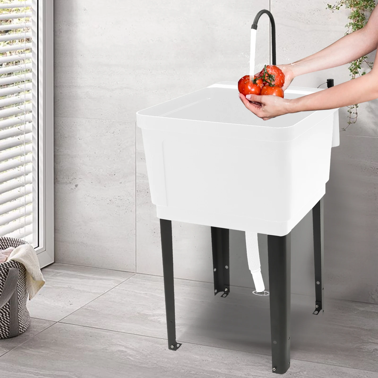 White Space Saving Practical Sink, Independent Space Saving Laundry Tub, Rotatable Faucet, Soap Dispenser