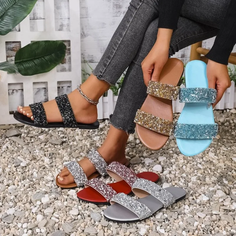 

2025 Summer New Line Flat Bottom Slippers Women's Square Head Snake Pattern Transparent Belt Slippers Fashion Plus Size 41 42 43