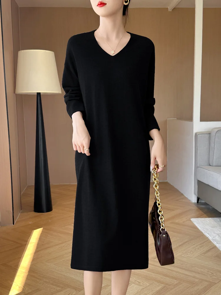 Woman 100% Merino Wool Autumn Winter Sweater V-Neck Pullover Cashmere Knitwear Long Sleeve Knitted Dress Loose Solid Clothing