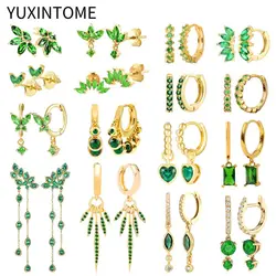 Pendientes de aro de cristal verde para mujer, de Plata de Ley 925, pendientes de oro con aguja para la oreja, joyería de lujo para fiesta de boda, regalo de cumpleaños