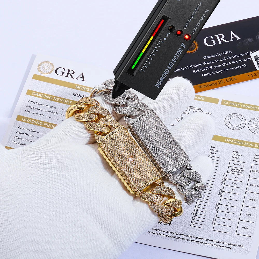 

Full Iced Out Moissanite Cuban Link Bracelet GRA Certified Diamond Test Passed Men's Hip Hop Jewelry Gold Silver Miami Chain