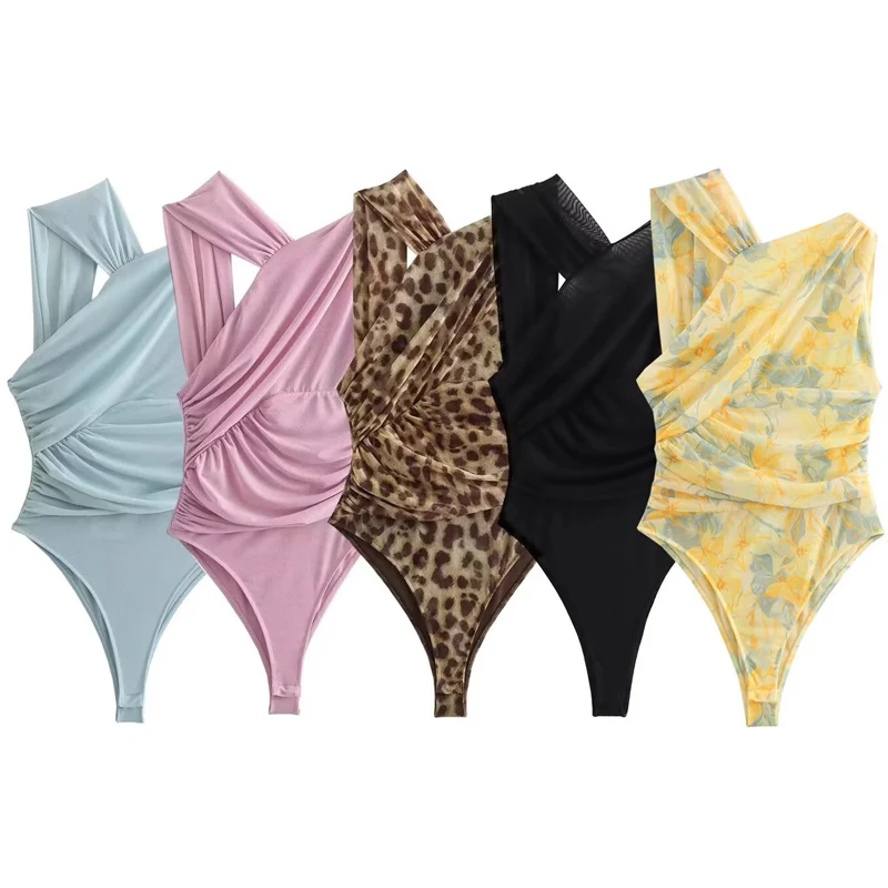 HXAO Leopard Mesh Bodysuit Women Summer 2025 Asymmetric Body Sexy Women Tops Tulle Sleeveless Backless Slimming Thong Bodysuits