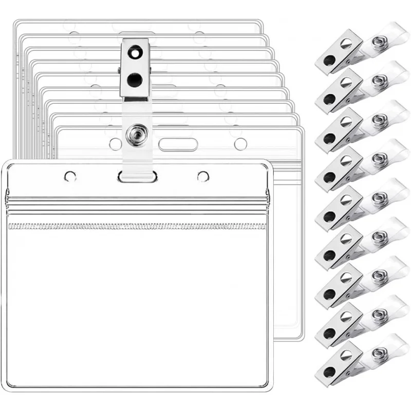 

10-Pack Clear ID Card Holders with Metal Clip, Horizontal Name Badge Display