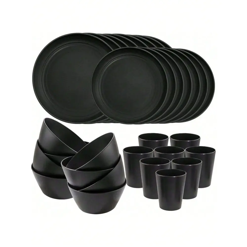 

Black Wheat Straw Dinnerware, Plates And Bowls Set, Camping Dish Set For 12, Plastic Dinnerware Set, Dishwasher Safe Dinnerware