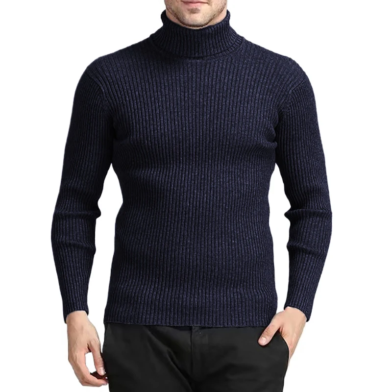 New Men\'s Turtleneck Sweaters Autumn Knitted Striped Streetwear Warm Long Sleeved Pullover Breathable Solid Color Basic Coat