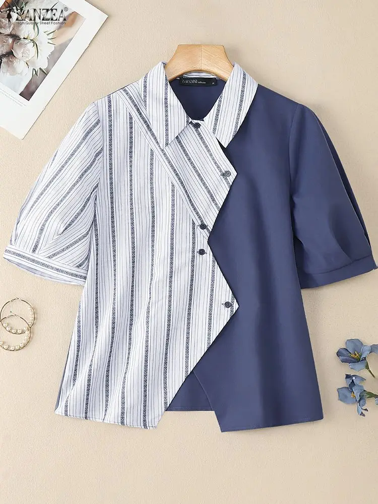 Camicie da donna alla moda ZANZEA 2025 Camicetta estiva Elegante camicia da lavoro OL Collo con risvolto Manica corta Blusas Stripe Patchwork Top Femme