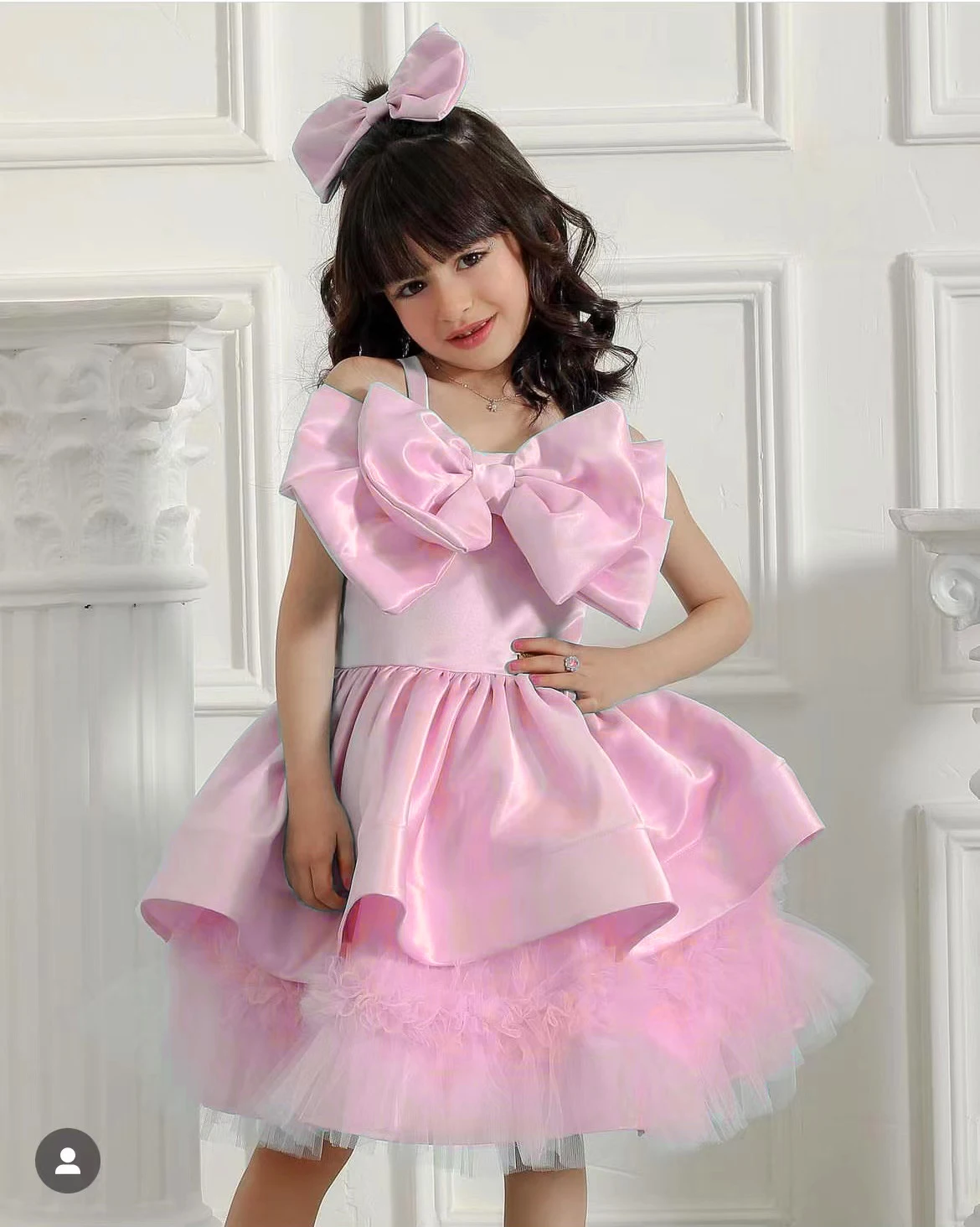 

Pink Satin Flower Girl Dress For Wedding Suspenders Puffy With Bow Child First Communion Birthday Party Dress Ball Gowns