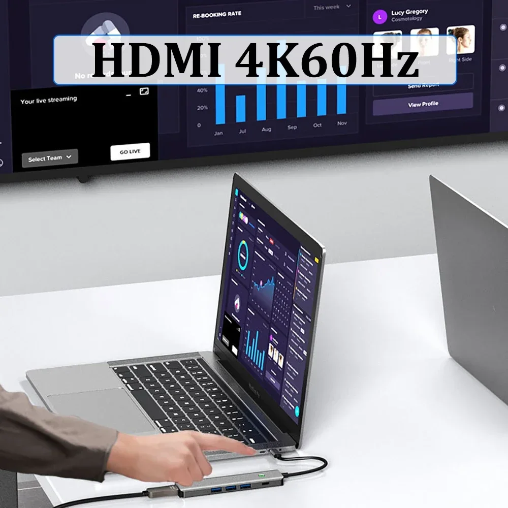 محطة إرساء USB C 9-IN-1 TYPE-C HUB إلى HDMI 4K 60 هرتز مع زر إيقاف الشاشة USB 3.0 5Gbps HUB 100W شحن سريع لجهاز MacBook