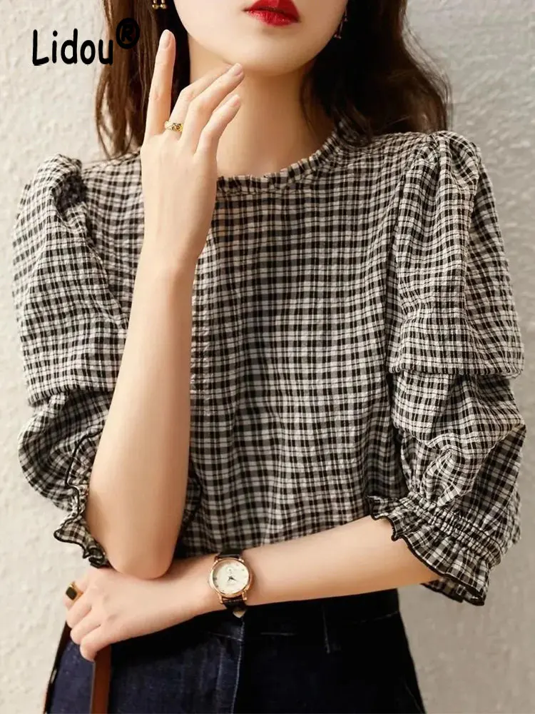 

Autumn Korean Fashion Casual Plaid Printed Ruffle Half Sleeve Sweet Chic All-match Tops Women Simple Street Blouse Shirts Blusas