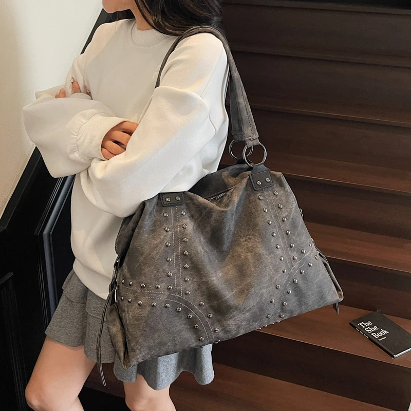 

Large Capacity Bag Vintage Pu Leather Women's Bag Brand Moto Syle Rivet Shoulder Bag Casual Travel Tote Underarm Handbag Brown