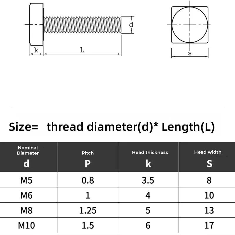 1-10pcs Gb35 M4 M5 M6 M8 M10 M12 Square Bolt 304 Stainless Steel Full Thread Square Machine Bolt Length 8mm~100mm