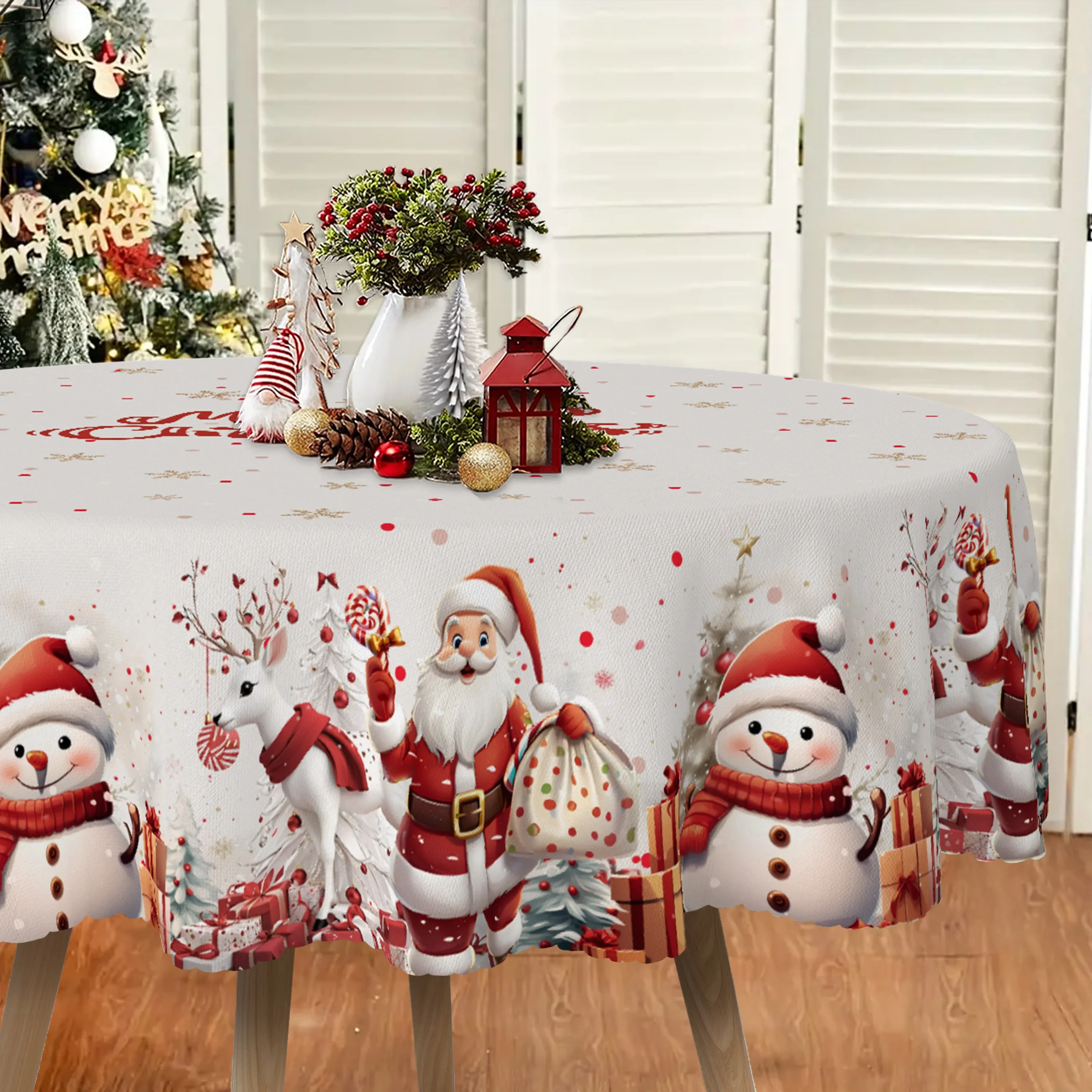 Christmas Happy Tablecloth, modern holiday snowman, reindeer and Santa Claus design, perfect for Christmasxzj