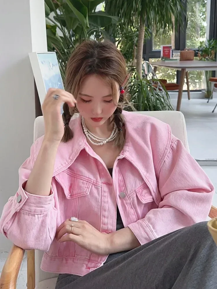 

2024, корейская джинсовая куртка Y2k, женская одежда, однобортная верхняя одежда с воротником Питера Пэна, повседневная модная укороченная одежда с карманами, винтажные укороченные пальто